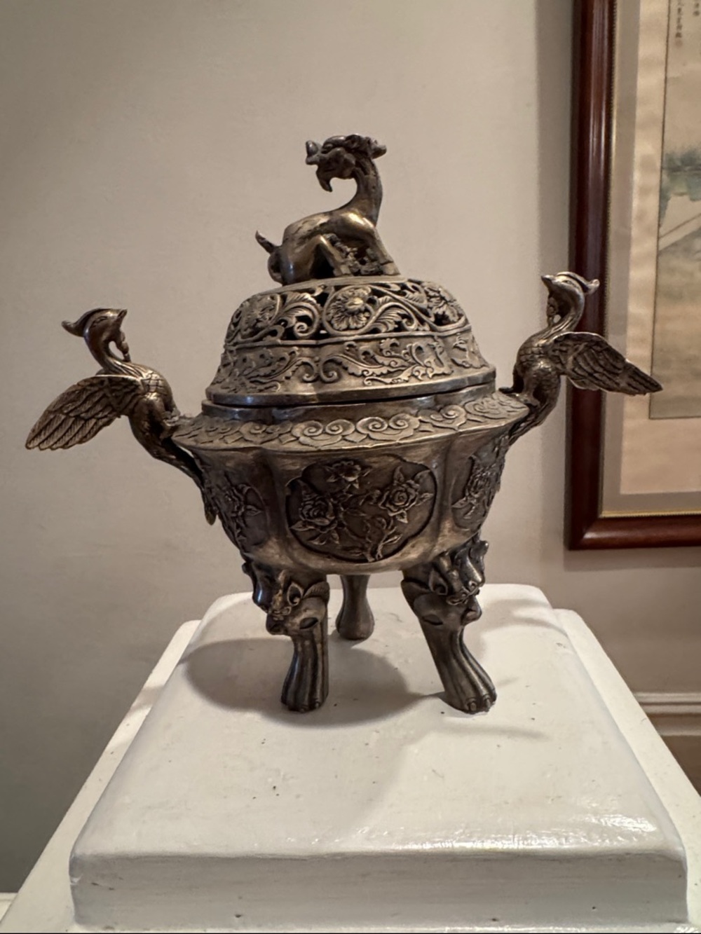 Chinese Incense Burner  with intricate carvings on silver metal. VINTAGE